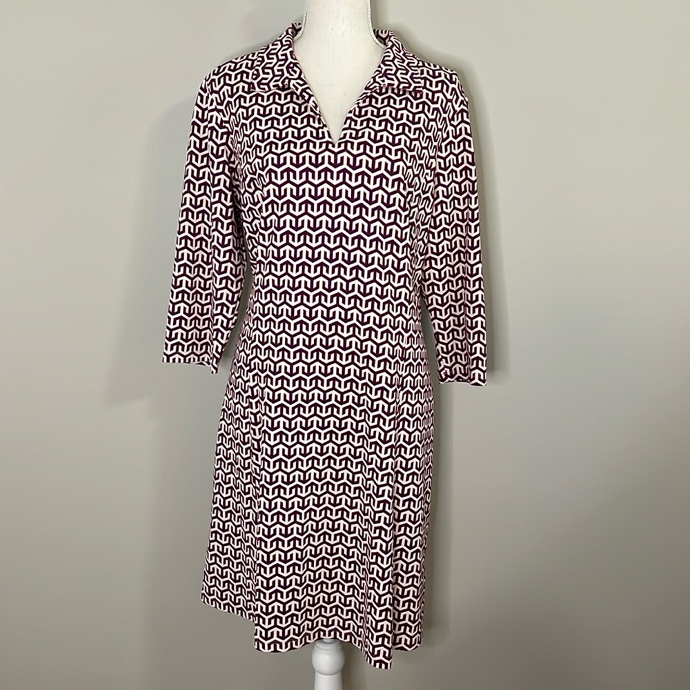 J. McLaughlin Cadence Sky Maze Cream Plum Dress 3/4 Sleeves X-Large